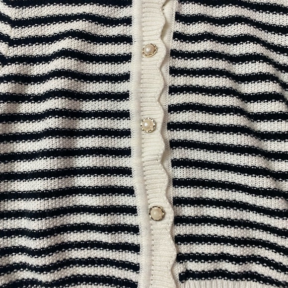 Striped Black and White Women's Sweater With Pearl Buttons - Picture 3 of 10